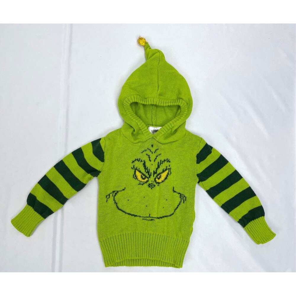 Baby 12 Months Knit Green Grinch Face Sweater Hood‎ Christmas